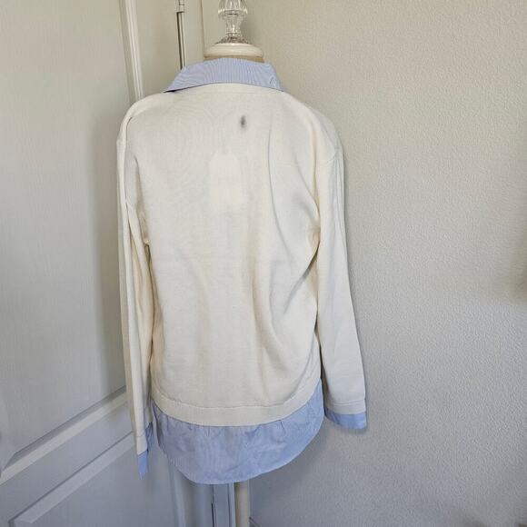 English Factory Mixed Media Cardigan Sweater White Blue Size Large - Picture 8 of 12